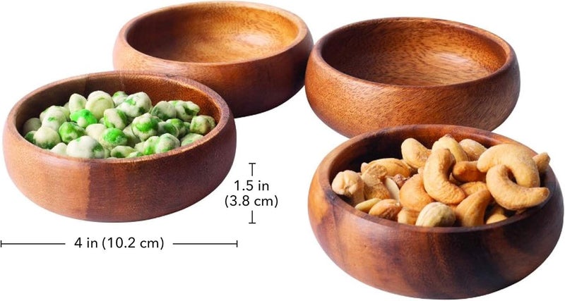 Home Essentials & Beyond Home Essentials Natural Acacia Wooden Bowls Hand-Carved Calabash Small Dip Tray Bowl S/4 Ideal for Appetizers, Dips, Sauce, Nuts, Candy, Olives, Seeds, Desserts and More. Small (Round) - Image 2